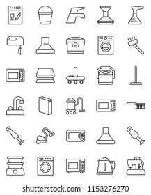 thin line vector icon set - plunger vector, water tap, vacuum cleaner, fetlock, mop, bucket, sponge, car, washing powder, kettle, microwave oven, blender, washer, dishwasher, mixer, hood