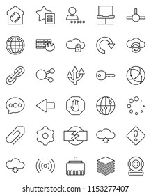 thin line vector icon set - internet vector, social media, connect, connection, notebook network, cloud exchange, lock, big data, gear, firewall, lan connector, favorites, message, arrow, redo, key