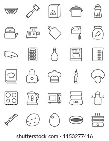 thin line vector icon set - pan vector, kettle, oil, colander, measuring cup, cook hat, apron, glove, meat hammer, cutting board, hand mill, grater, mixer, toaster, microwave oven, double boiler