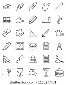 thin line vector icon set - water tap vector, splotch, washboard, rolling pin, thermometer, chicken leg, pen, pencil, corner ruler, drawing compass, Railway carriage, glass, big scales, hdmi, plan