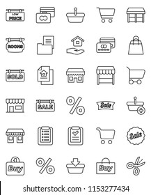 thin line vector icon set - house hold vector, cart, credit card, office, estate document, sale signboard, rooms, sold, low price, shopping bag, percent, market, store, buy, basket, list, coupon
