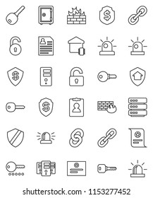 thin line vector icon set - certificate vector, personal information, dollar shield, safe, link, big data, server, firewall, chain, unlock, key, siren, smart home, protect, password
