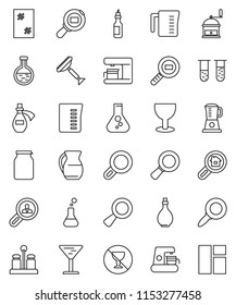 thin line vector icon set - scraper vector, window cleaning, oil, measuring cup, hand mill, spices, jug, jar, magnifier, flask, no alcohol sign, glass, cargo search, vial, potion, estate, client