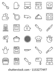 thin line vector icon set - pan vector, cook hat, apron, glove, timer, whisk, spatula, knife, grater, oven, double boiler, cookbook, sieve, dish, mixer, multi cooker, toaster