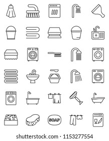 thin line vector icon set - soap vector, scraper, fetlock, bucket, sponge, towel, bath, drying clothes, washer, washing powder, shower, sink, dishwasher