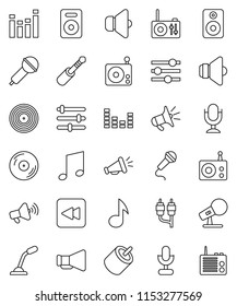 thin line vector icon set - music vector, disk, microphone, radio, speaker, loudspeaker, equalizer, backward button, rca, jack
