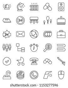 thin line vector icon set - water tap vector, towel, plates, case, table lamp, alarm clock, crisis, money search, man, pills, phone 24, protected, speaker, mail, sperm, connection, disconnection