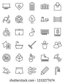 thin line vector icon set - rake vector, apron, pencil, music, exchange, annual report, shorts, roller Skates, no fastfood, satellite, ship, truck trailer, wood box, package, film spool, satellitie