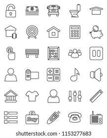 thin line vector icon set - toilet vector, ruler, school bus, abacus, music, university, piggy bank, t shirt, target, dry cargo, speaker, settings, remote control, touchscreen, group, pause button