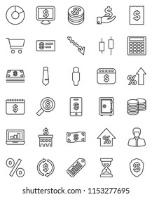 thin line vector icon set - exchange vector, pie graph, cart, japanese candle, laptop, crisis, percent growth, manager, investment, coin stack, bank building, calculator, receipt, money search, man