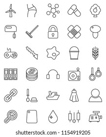 thin line vector icon set - rake vector, bucket, towel, water drop, splotch, toilet brush, cutting board, mushroom, japanese candle, crisis, binder, buttocks, pills, cereals, gymnast rings, ship