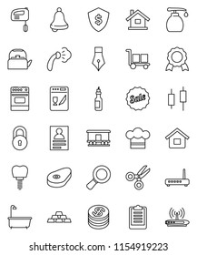 thin line vector icon set - steaming vector, bath, liquid soap, kettle, cook hat, oven, steak, oil, pen, bell, medal, scissors, personal information, magnifier, japanese candle, dollar shield, cargo