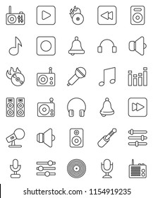 thin line vector icon set - bell vector, music, disk, hit, microphone, radio, speaker, equalizer, headphones, play button, forward, backward, rec, jack