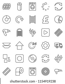 thin line vector icon set - washboard vector, toilet paper, plates, pie graph, arrow up, pound, disk, play button, rec, pills blister, gear, refresh, redo, loading, route, relocation truck, 24 hour