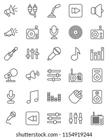 thin line vector icon set - music vector, disk, microphone, radio, speaker, loudspeaker, settings, equalizer, forward button, backward, rca, jack