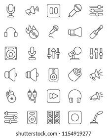 thin line vector icon set - music hit vector, microphone, speaker, loudspeaker, settings, headphones, pause button, forward, rec, rca, jack, equalizer
