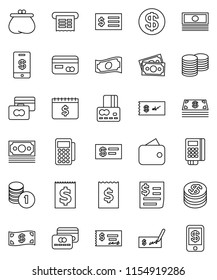 thin line vector icon set - credit card vector, cash, coin stack, check, receipt, dollar calendar, money, wallet, reader, tap pay