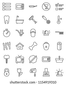 thin line vector icon set - scraper vector, fetlock, splotch, bath, toilet paper, camping cauldron, pan, skimmer, thermometer, exam, stopwatch, no alcohol sign, bone, trolley, tulip, chromosomes, tv