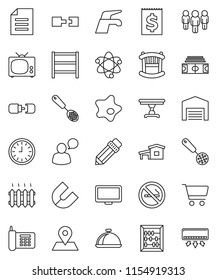 thin line vector icon set - water tap vector, splotch, skimmer, dish, pencil, atom, magnet, abacus, document, cart, clock, man, stadium, no smoking, map pin, phone, receipt, shelving, speaking, barn