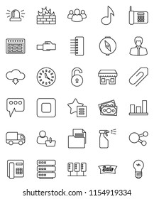 thin line vector icon set - sprayer vector, schedule, compass, music, graph, manager, money, clock, document, social media, group, stop button, server, big data, firewall, hub, lan connector, unlock