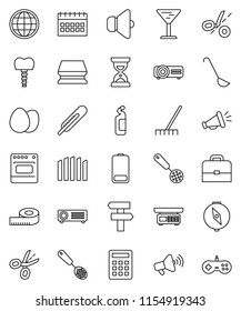 thin line vector icon set - rake vector, sponge, cleaning agent, skimmer, ladle, egg, case, compass, sand clock, calendar, measuring, glass, speaker, loudspeaker, battery, thermometer, tooth implant