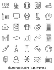 thin line vector icon set - steaming vector, washer, microscope, calculator, magnet, world, earth, sorting, antenna, satellitie, equalizer, monitor, jack, tomography, server, router, lan connector