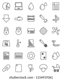 thin line vector icon set - water drop vector, window cleaning, skimmer, ladle, cutting board, thermometer, mushroom, calculator, personal information, pie graph, target, arrow down, calendar, route