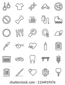thin line vector icon set - clipboard vector, horizontal bar, punching bag, t shirt, roller Skates, heart monitor, calendar, fitness mat, cereals, pool, prohibition sign, cross, bone, hoop, oxygen