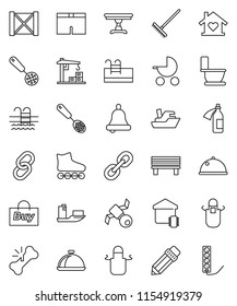 thin line vector icon set - rake vector, toilet, apron, skimmer, dish, pencil, bell, shorts, roller Skates, pool, satellite, ship, wood box, link, broken bone, potion, bench, table, love home, smart