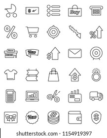 thin line vector icon set - cart vector, laptop graph, wallet, crisis, percent growth, dollar, target, gift, coin, new, shopping bag, mall, buy, card reader, receipt, delivery, mail, check, coupon