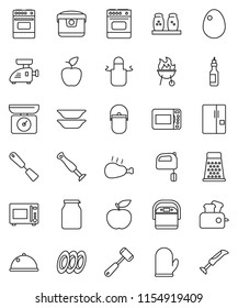 thin line vector icon set - camping cauldron vector, apron, cook glove, spatula, meat hammer, grater, mixer, microwave oven, spices, bbq, plates, dish, jar, egg, chicken leg, oil, apple fruit, diet