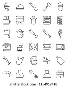 thin line vector icon set - camping cauldron vector, scales, cook hat, apron, timer, press, whisk, skimmer, spatula, meat hammer, cutting board, hand mill, grater, mixer, toaster, microwave oven