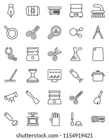 thin line vector icon set - plunger vector, broom, fetlock, rake, car, toilet brush, rubber glove, pan, cook press, spatula, ladle, cutting board, double boiler, blender, pen, drawing compass