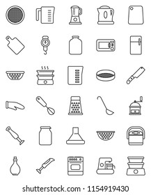thin line vector icon set - oil vector, colander, measuring cup, scales, cook glove, whisk, ladle, knife, cutting board, hand mill, grater, sieve, jar, fridge, coffee maker, hood, multi cooker