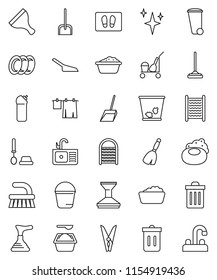 thin line vector icon set - soap vector, plunger, scraper, cleaner trolley, broom, fetlock, mop, scoop, bucket, clothespin, trash bin, car, shining, welcome mat, drying clothes, toilet brush, plates