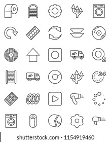 thin line vector icon set - washboard vector, toilet paper, plates, pie graph, arrow up, oxygen, disk, play button, rec, pills blister, gear, refresh, redo, loading, route, relocation truck, 24 hour