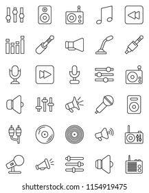 thin line vector icon set - music vector, disk, microphone, radio, speaker, loudspeaker, settings, equalizer, forward button, backward, rca, jack