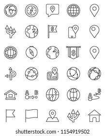 thin line vector icon set - compass vector, world, flag, dollar, route, navigator, earth, map pin, traking, internet, connection, globe, arrow, home