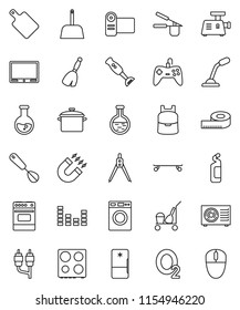 thin line vector icon set - cleaner trolley vector, broom, scoop, washer, cleaning agent, pan, cook press, whisk, cutting board, oven, blender, drawing compass, backpack, magnet, flask, measuring