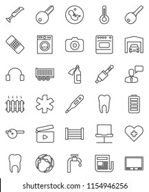 thin line vector icon set - truck trailer vector, wood box, cinema clap, camera, newspaper, speaking man, headphones, battery, jack, ambulance star, heart cross, thermometer, pregnancy, patch, tooth