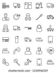 thin line vector icon set - vacuum cleaner vector, fetlock, car, window cleaning, iron, steaming, agent, woman, dollar cursor, phone 24, support, delivery, mobile, doctor, hospital building, hour