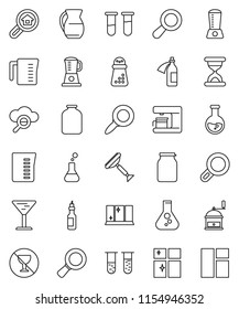 thin line vector icon set - scraper vector, shining window, measuring cup, hand mill, jug, jar, oil, magnifier, flask, no alcohol sign, glass, vial, sand clock, potion, cloud, search estate, blender