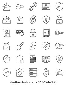 thin line vector icon set - certificate vector, personal information, dollar shield, safe, protected, link, big data, server, firewall, chain, lock, key, siren, unlock, smart home, password