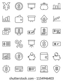 thin line vector icon set - presentation vector, dollar coin, graph, laptop, credit card, wallet, piggy bank, growth, check, receipt, board, medal, monitor, yen sign, percent, shield