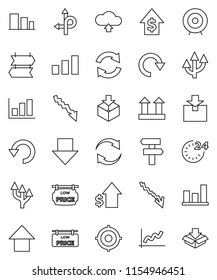 thin line vector icon set - graph vector, crisis, dollar growth, target, arrow down, up, route, top sign, package, sorting, refresh, redo, undo, cloud upload, low price signboard, 24 hour, signpost