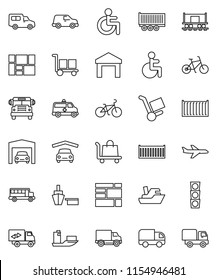 thin line vector icon set - school bus vector, bike, Railway carriage, plane, traffic light, ship, truck trailer, sea container, delivery, car, port, consolidated cargo, warehouse, disabled, garage