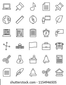 thin line vector icon set - pen vector, school building, blackboard, ruler, student, case, bell, calculator, notebook pc, alarm clock, clipboard, paper pin, compass, scissors, bus, abacus, music