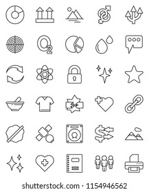 thin line vector icon set - shining vector, splotch, copybook, atom, exchange, pie graph, man, target, heart cross, oxygen, satellite, top sign, link, favorites, gender, mortar, blood drop, message