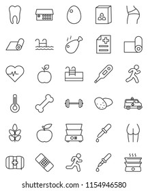 thin line vector icon set - double boiler vector, cereal, egg, potato, chicken leg, apple fruit, diet, barbell, heart pulse, buttocks, fitness mat, cereals, first aid kit, bone, run, thermometer