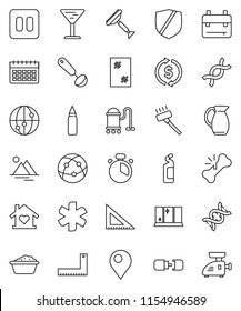 thin line vector icon set - scraper vector, vacuum cleaner, window cleaning, foam basin, agent, shining, cook timer, ladle, jug, corner ruler, backpack, exchange, punching bag, calendar, glass, dna